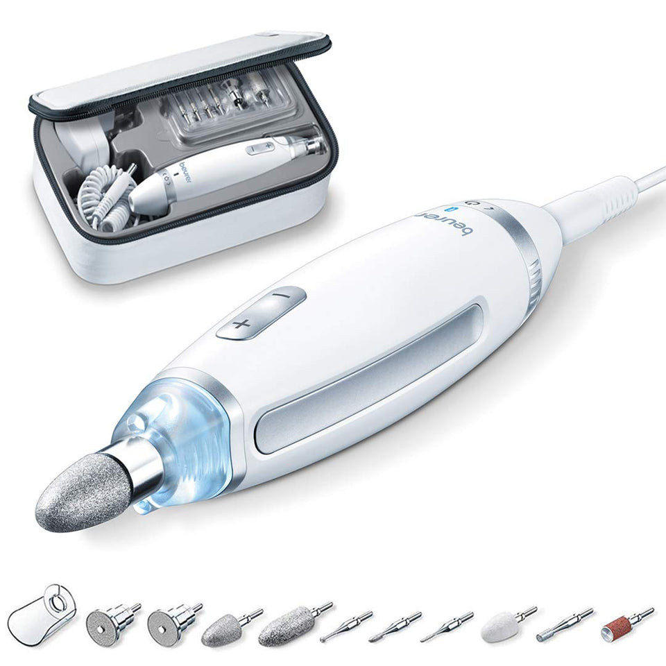 Beurer MP62 sistema de manicura y pedicura profesional para el hogar, 10 accesorios y 10 bandas de lijado, potente kit de taladro eléctrico para uñas, 10 piezas