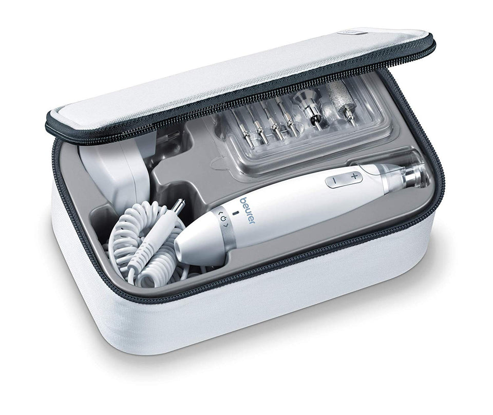 Beurer MP62 sistema de manicura y pedicura profesional para el hogar, 10 accesorios y 10 bandas de lijado, potente kit de taladro eléctrico para uñas, 10 piezas